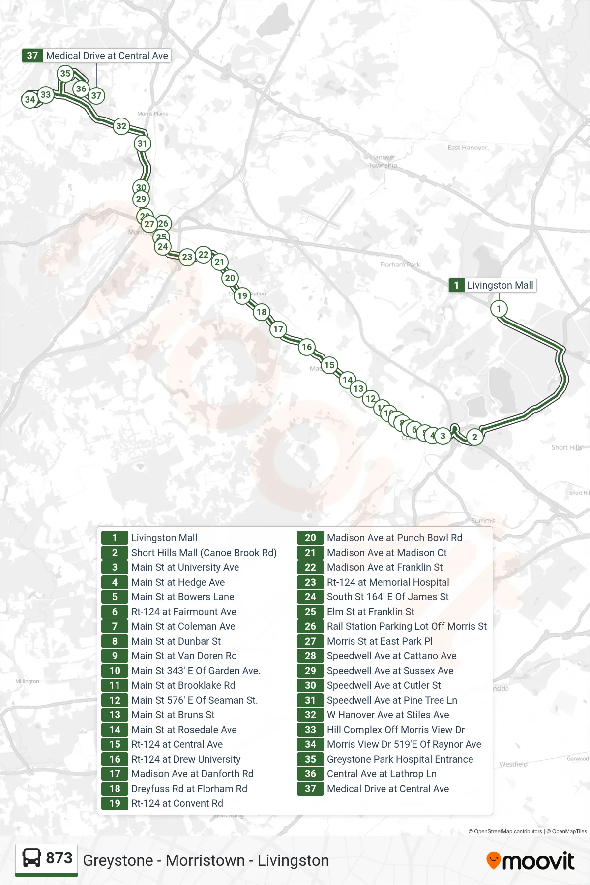 873 bus Line (Greystone & Morristown) route and stops on a map
