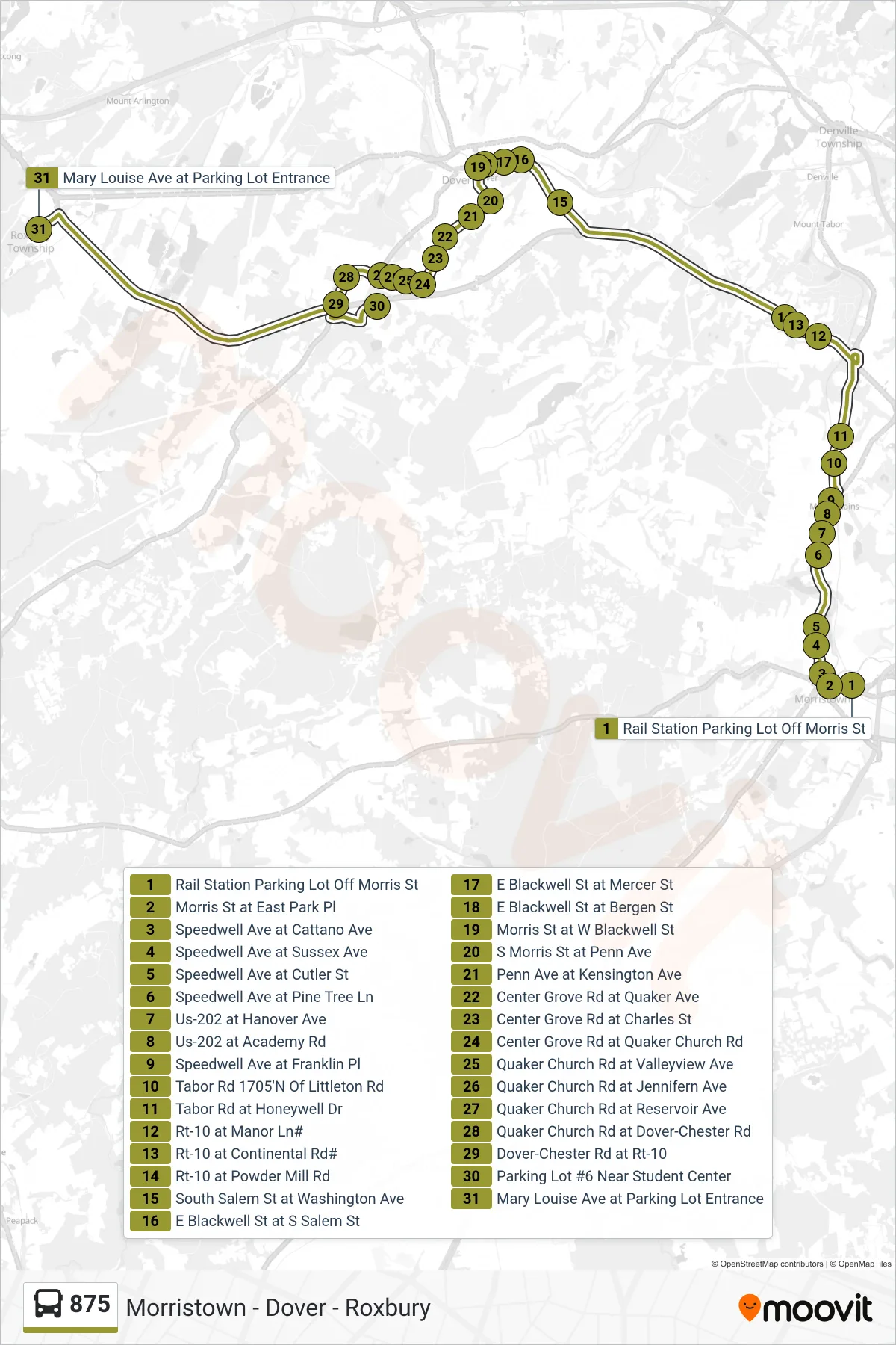 875 bus Line (Roxbury  County Coll Of Morris) route and stops on a map