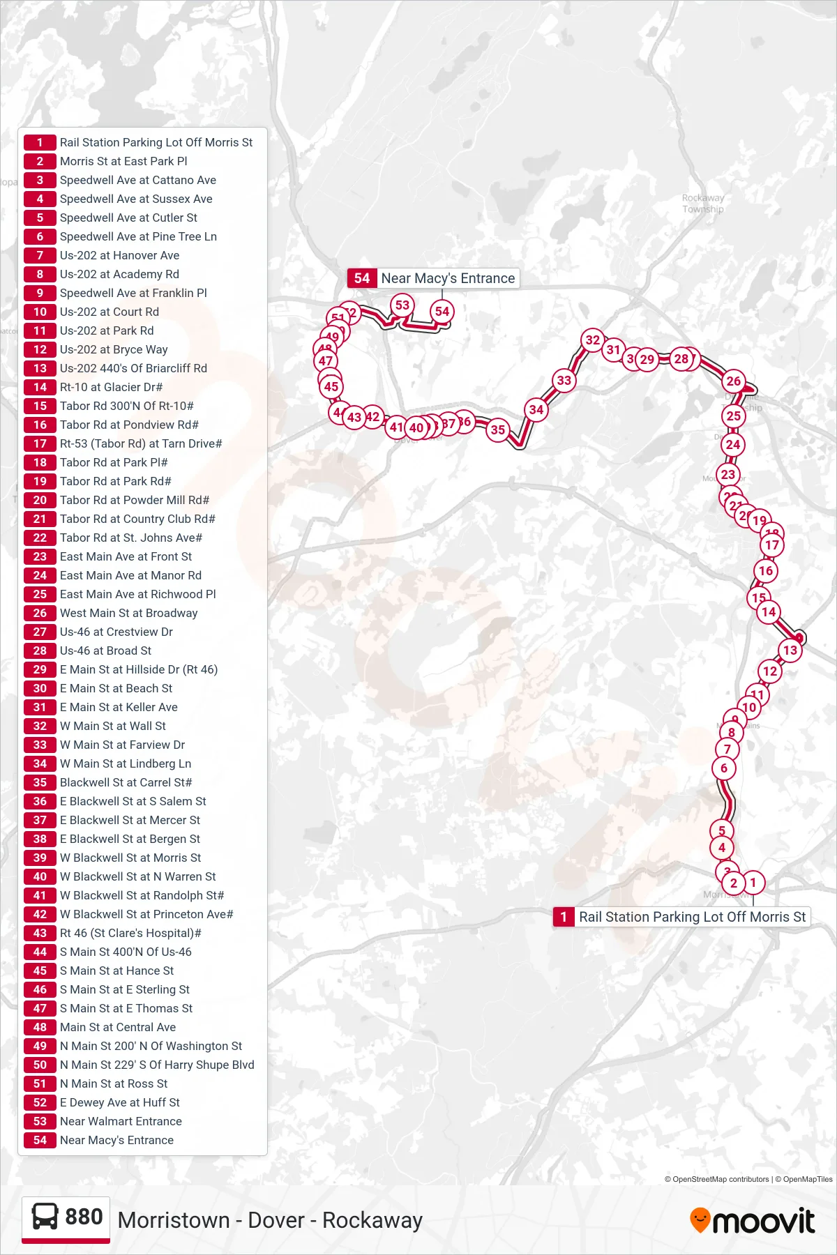 880 bus Line (Rockaway Mal Via Wharton) route and stops on a map