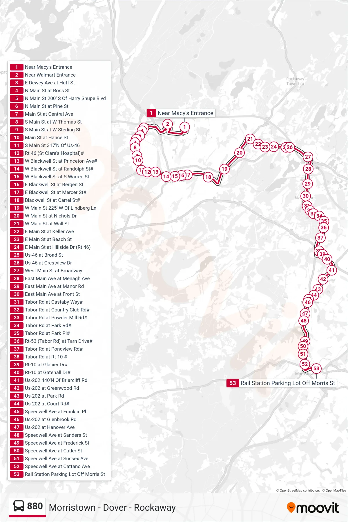 880 bus Line (Morristown Via Wharton) route and stops on a map