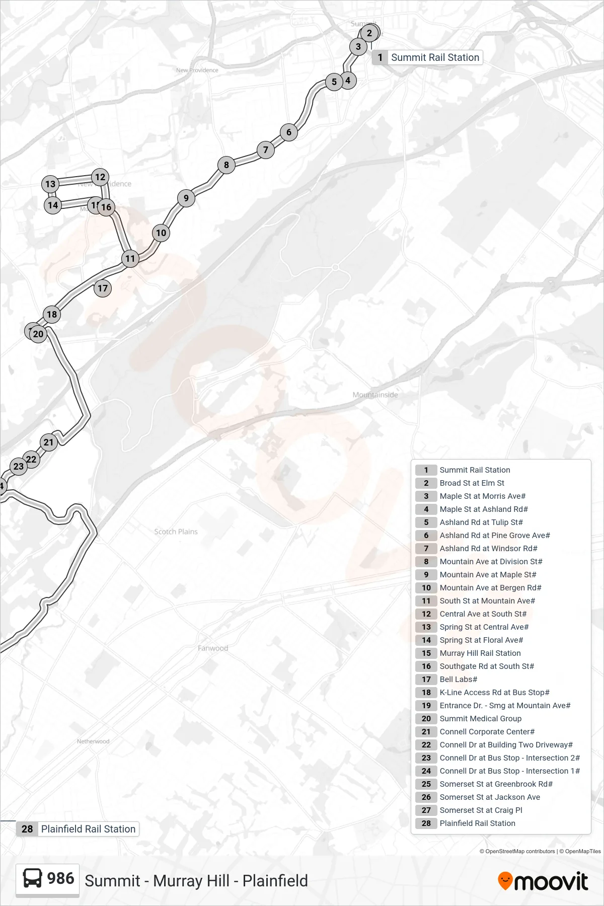 986 bus Line (Plainfield Via Ashland Road) route and stops on a map