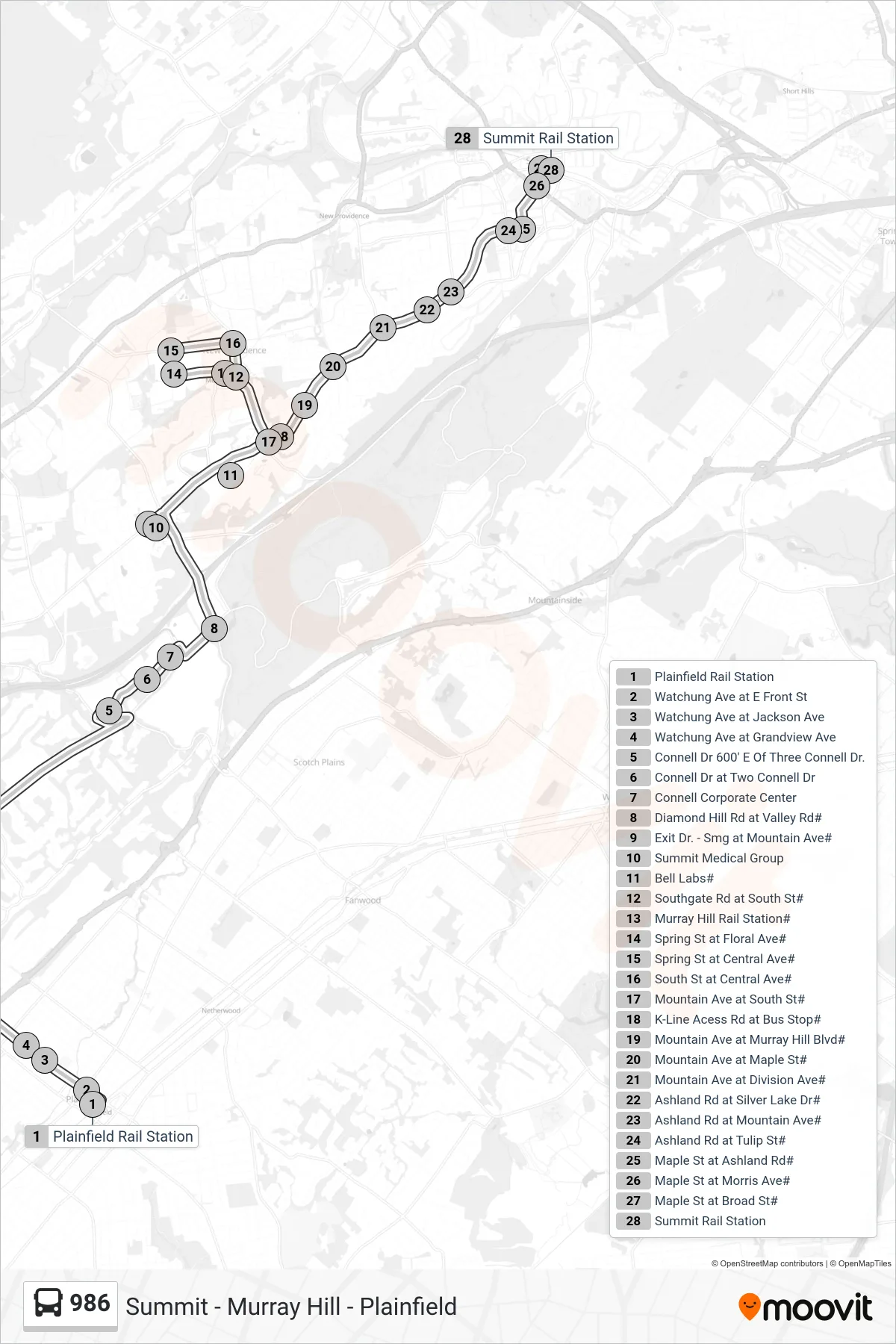 986 bus Line (Summit Via Ashland Rd) route and stops on a map