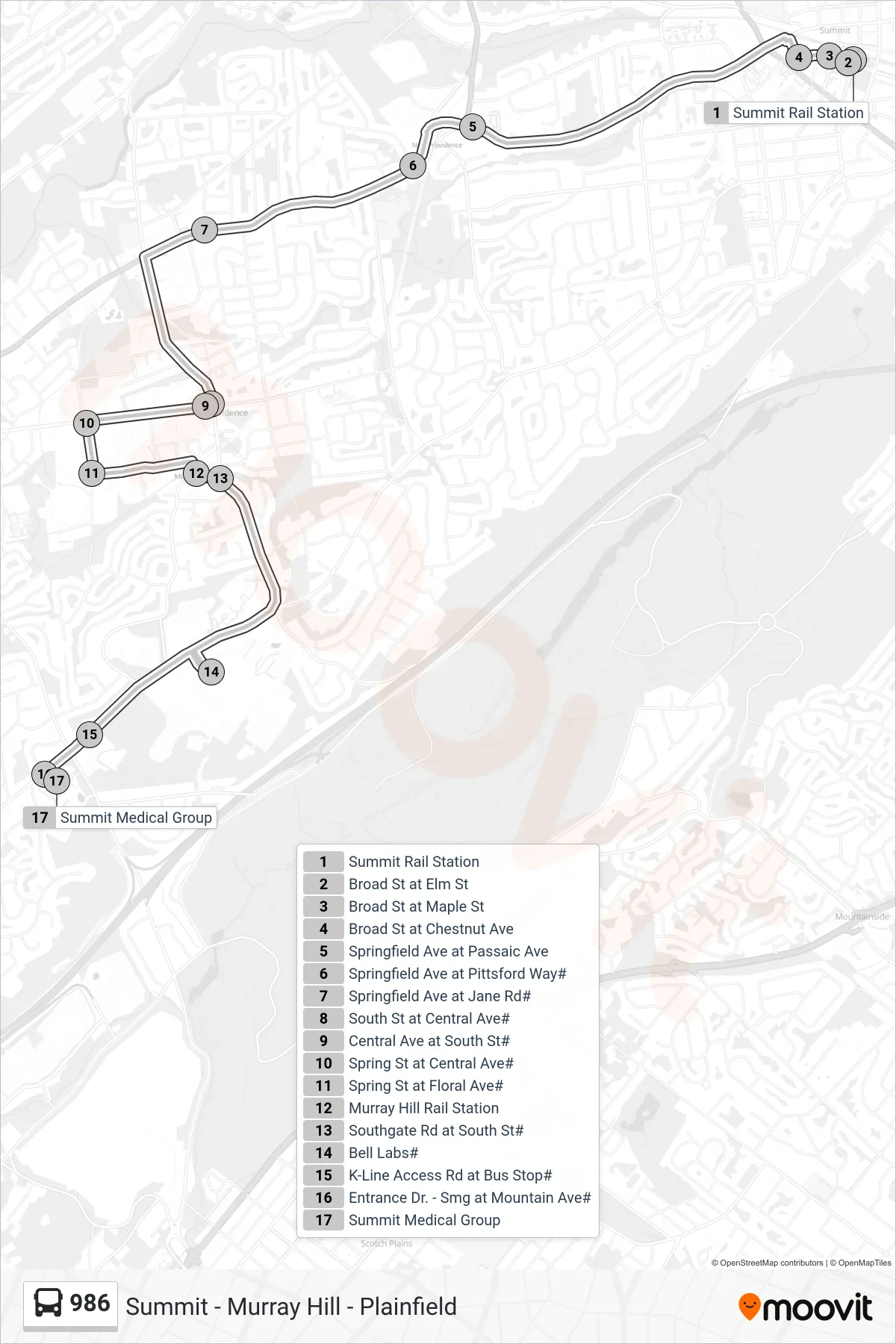 986 bus Line (Summit Via N Providence Center) route and stops on a map