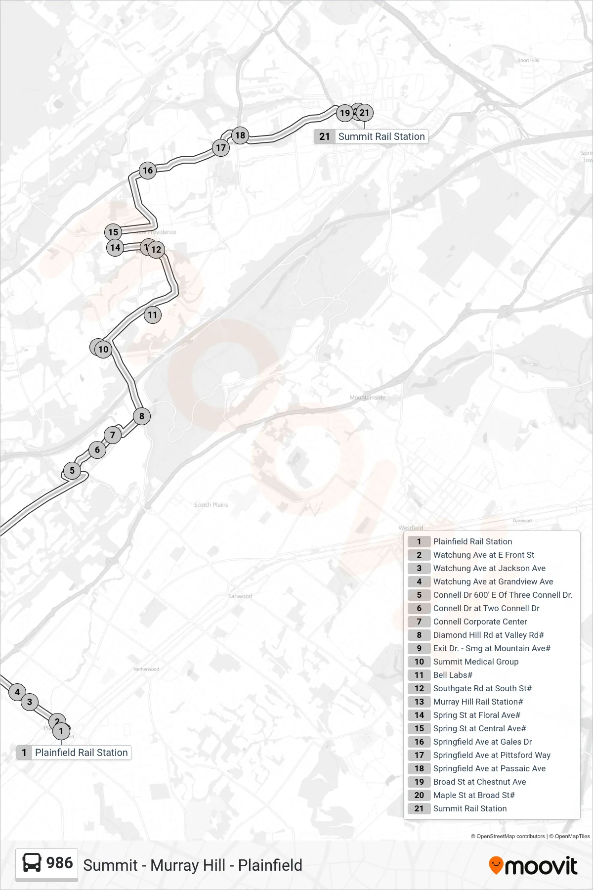 986 bus Line (Summit Via N Providence Center) route and stops on a map