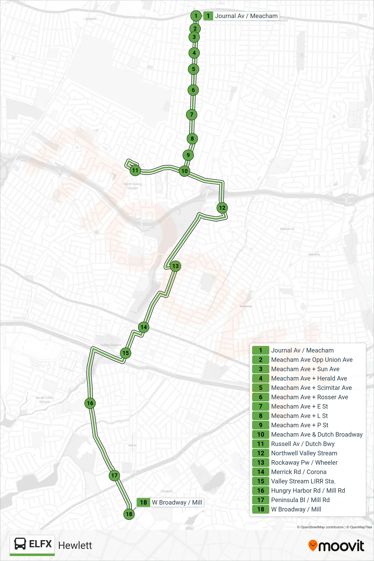 ELFX bus Line (Hewlett) route and stops on a map