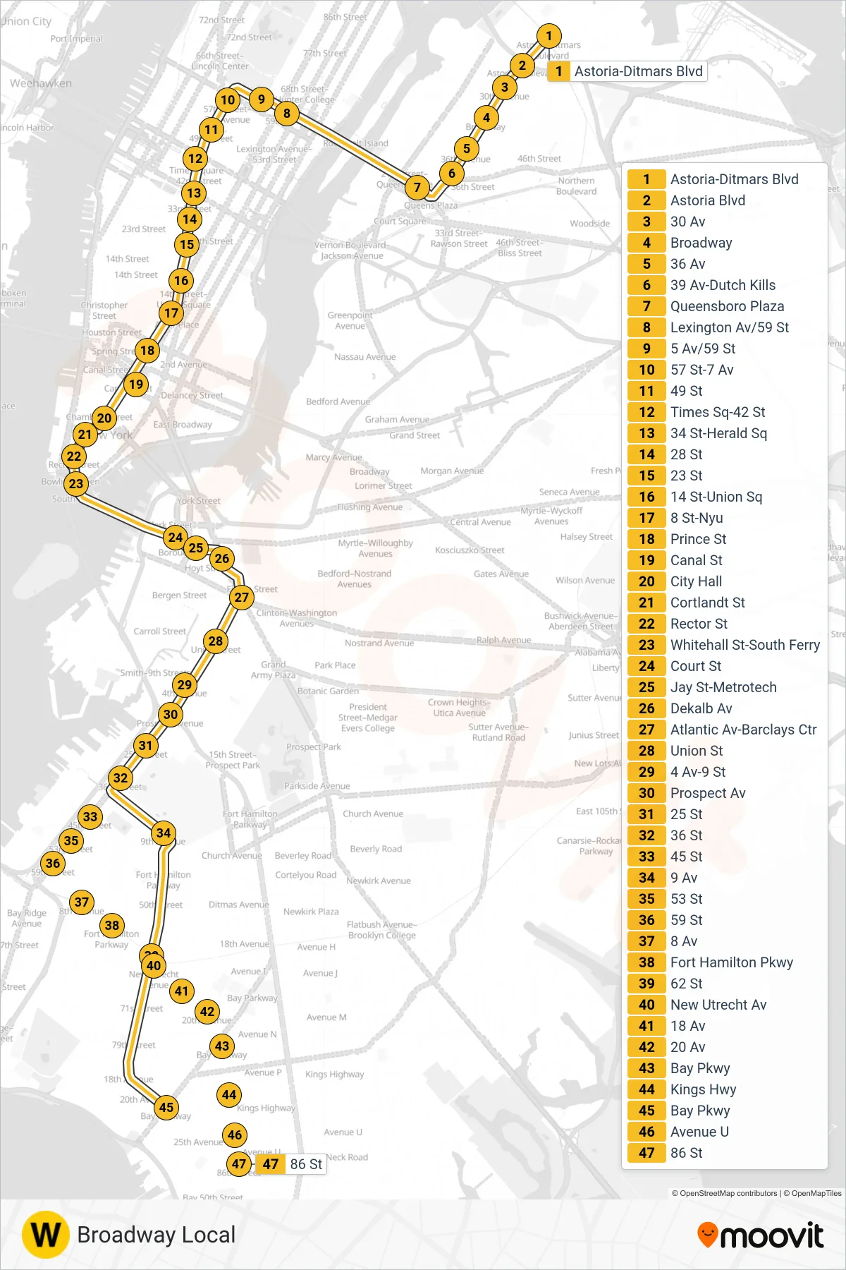 W subway Line (Downtown & Brooklyn) route and stops on a map