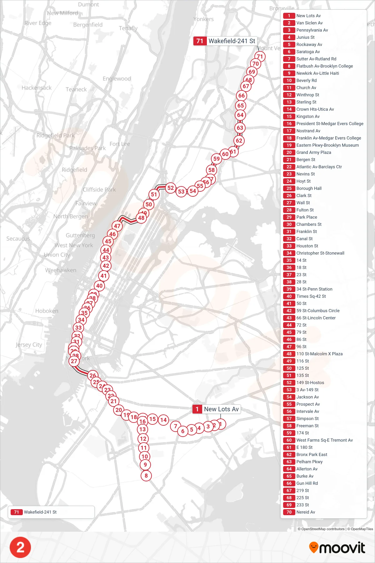 2 subway Line (Uptown & The Bronx) route and stops on a map