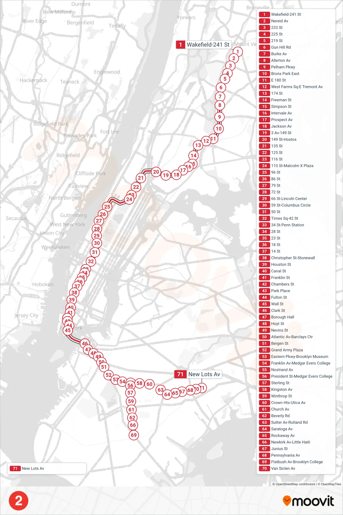 2 subway Line (Downtown & Brooklyn) route and stops on a map