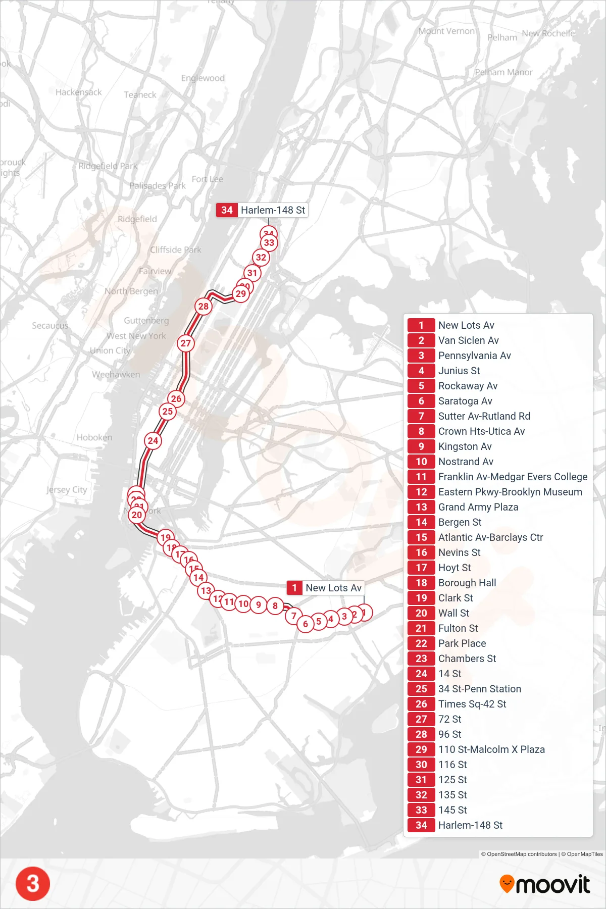 3 subway Line (Uptown & The Bronx) route and stops on a map