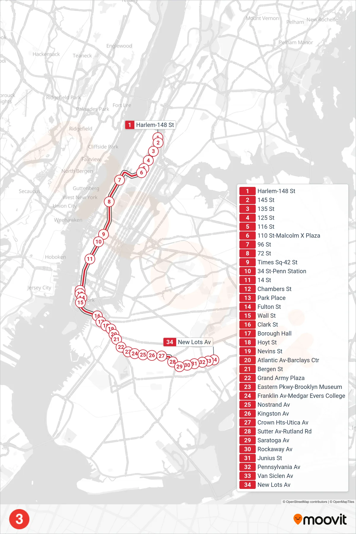 3 subway Line (Downtown & Brooklyn) route and stops on a map