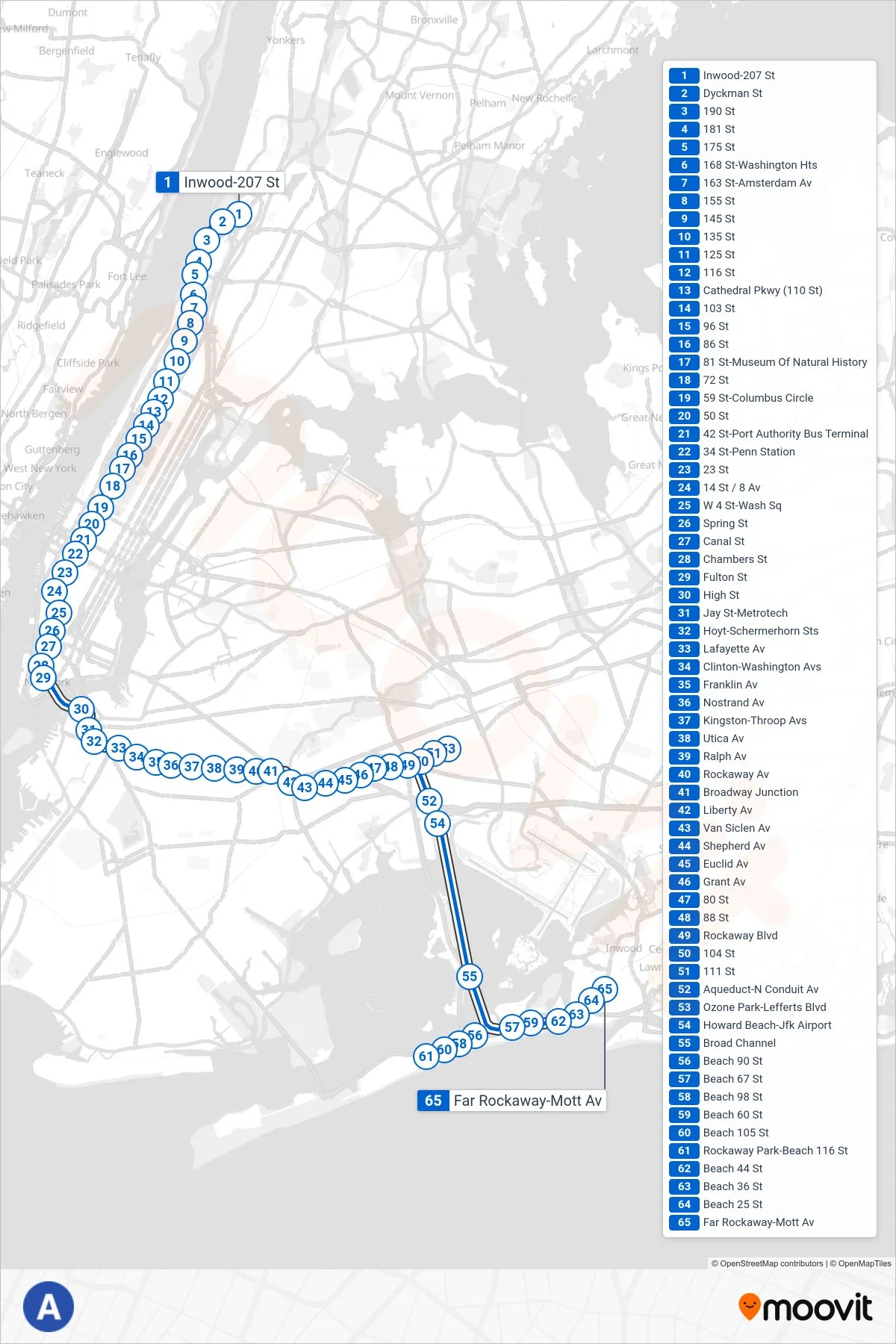 A subway Line (Downtown & Far Rockaway) route and stops on a map