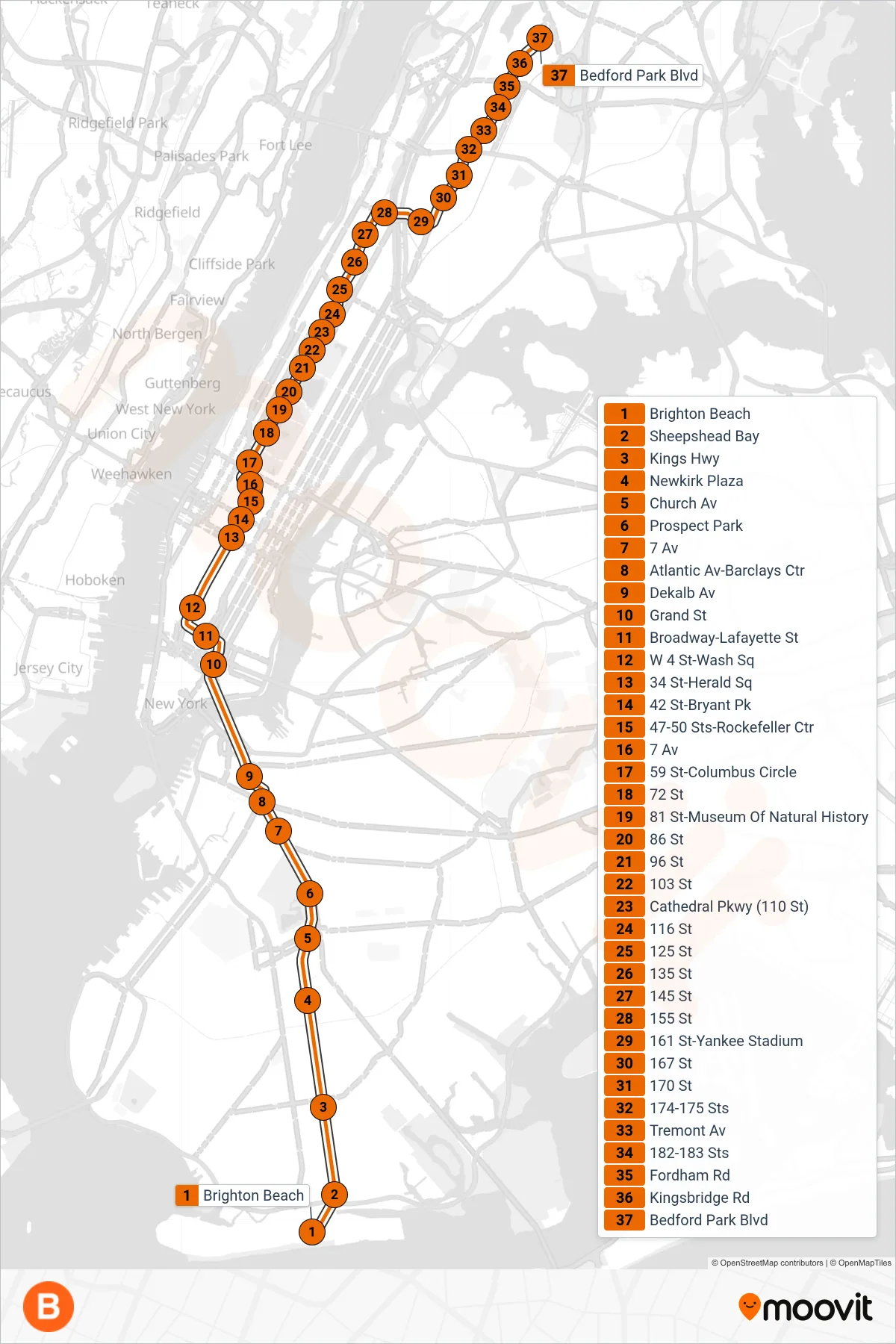 B subway Line (Uptown & The Bronx) route and stops on a map
