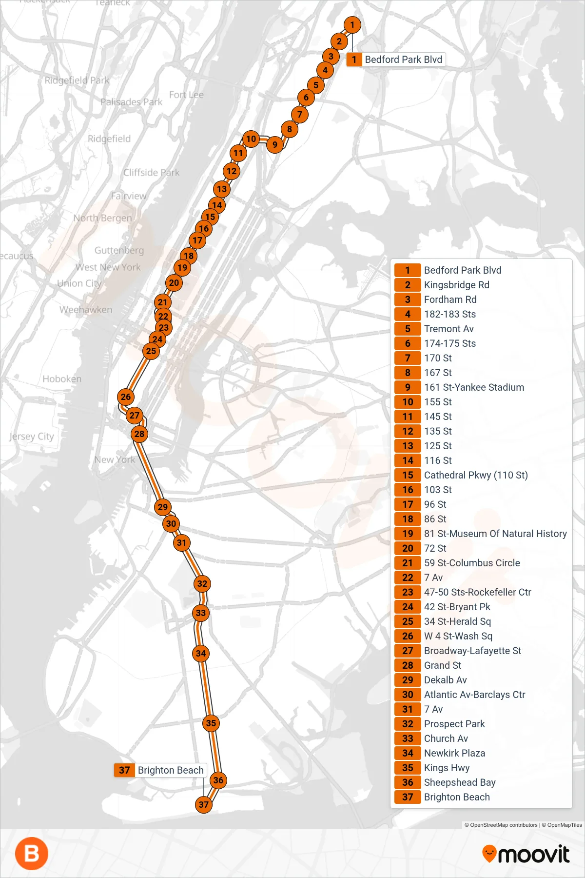 B subway Line (Downtown & Brooklyn) route and stops on a map