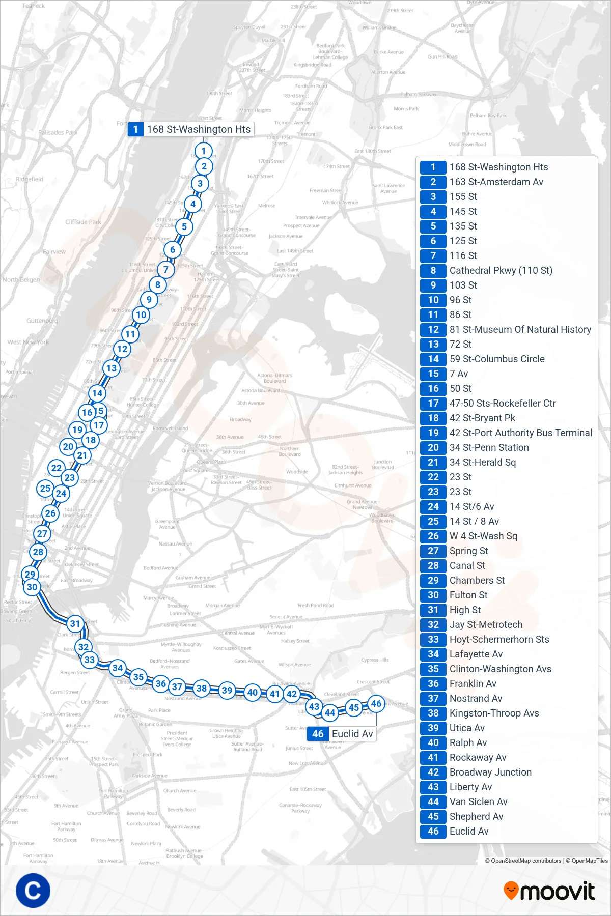 C subway Line (Downtown & Brooklyn) route and stops on a map