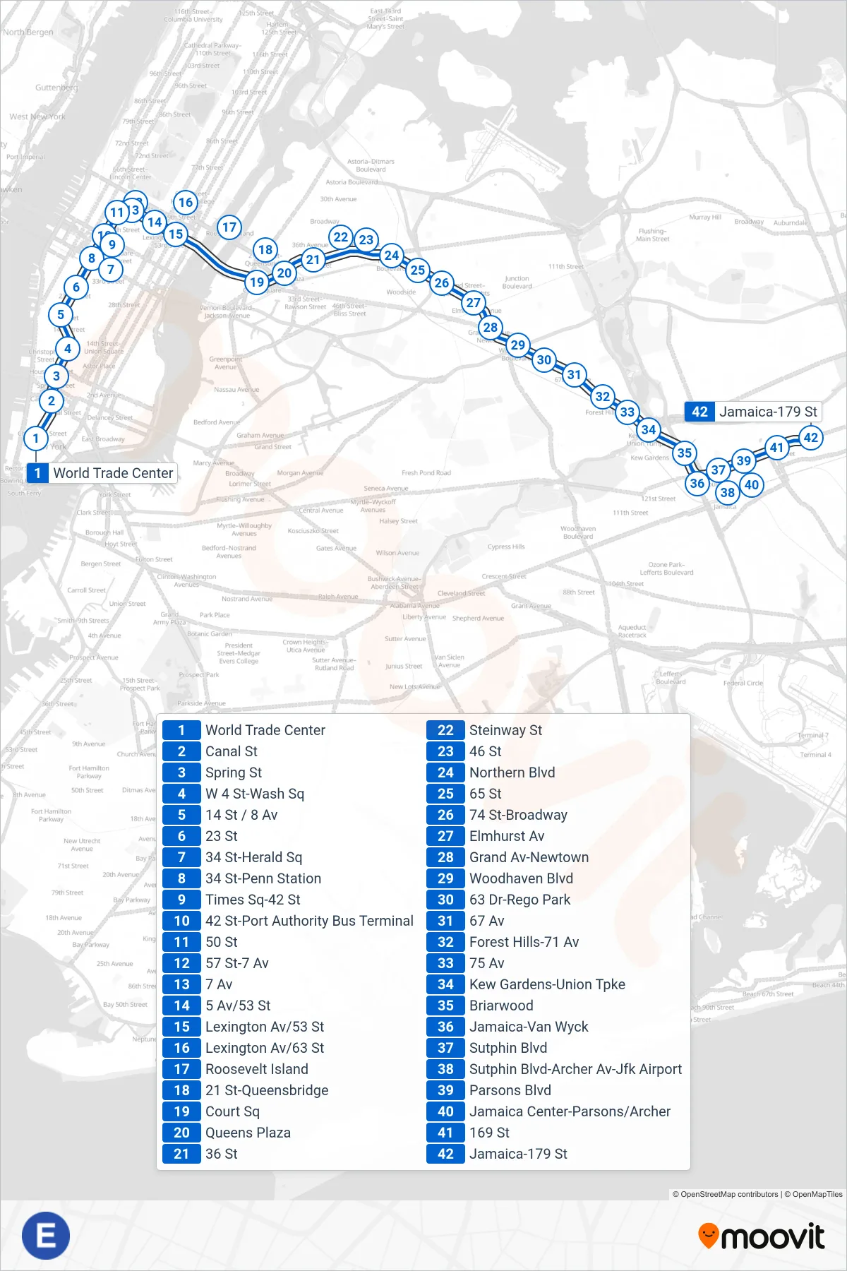 E subway Line (Uptown & Queens) route and stops on a map