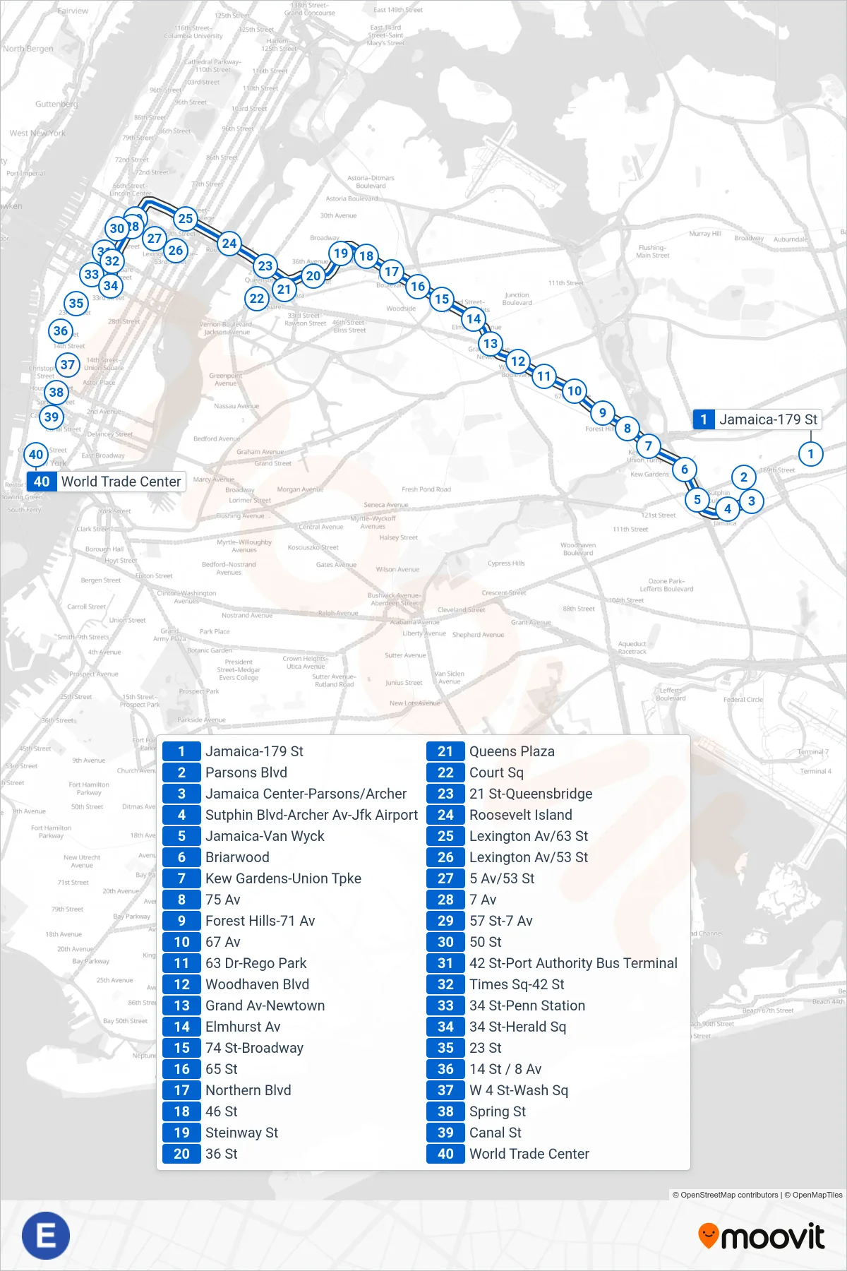 E subway Line (Downtown & Brooklyn) route and stops on a map