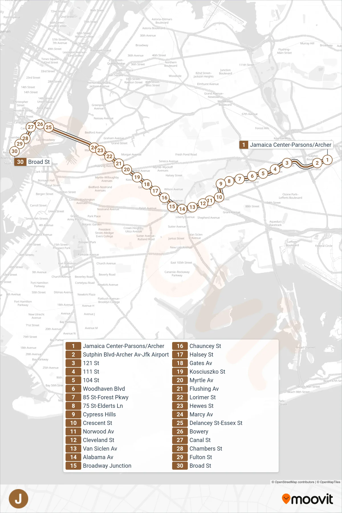 J subway Line (Manhattan) route and stops on a map