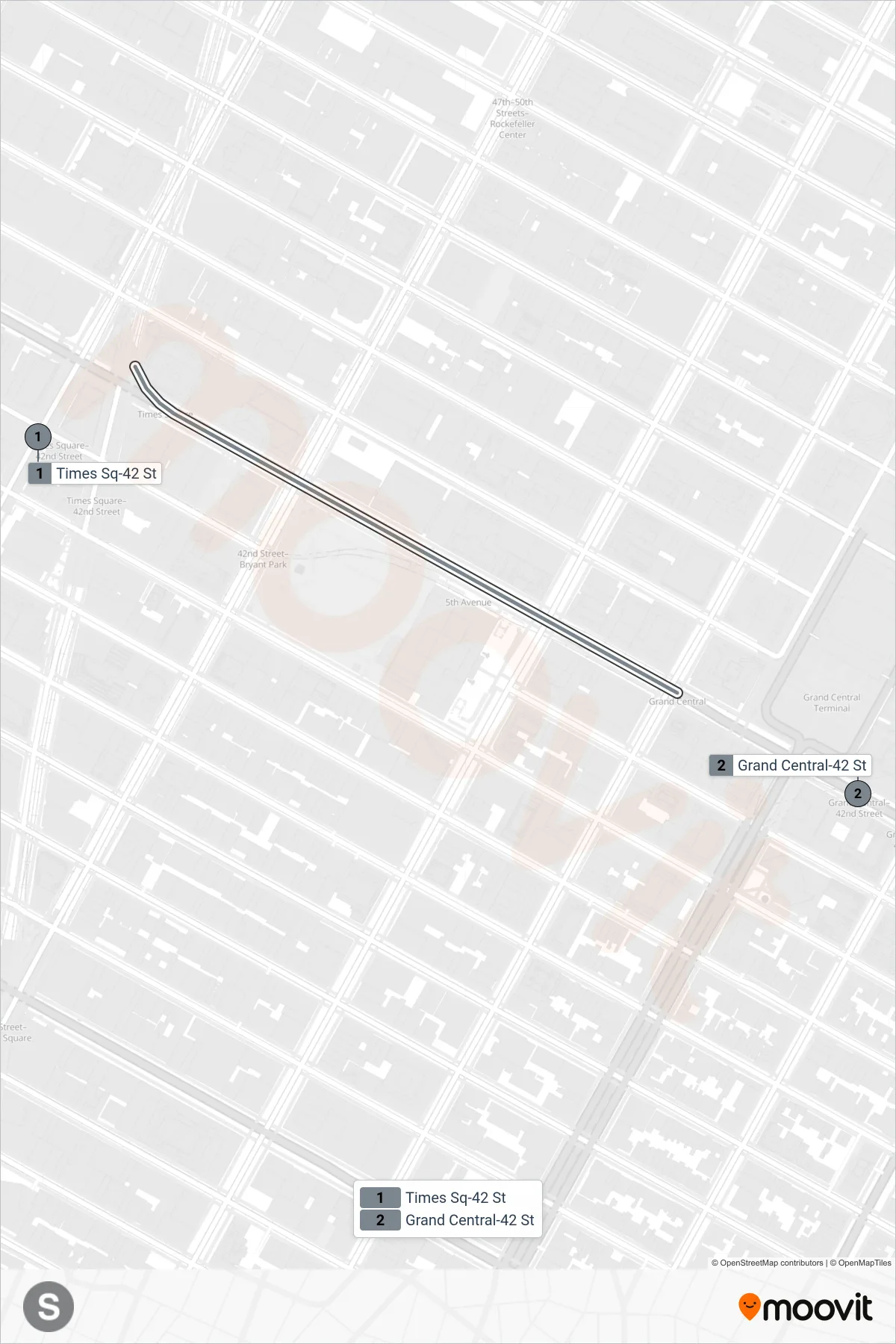 S subway Line (Grand Central-42nd St) route and stops on a map