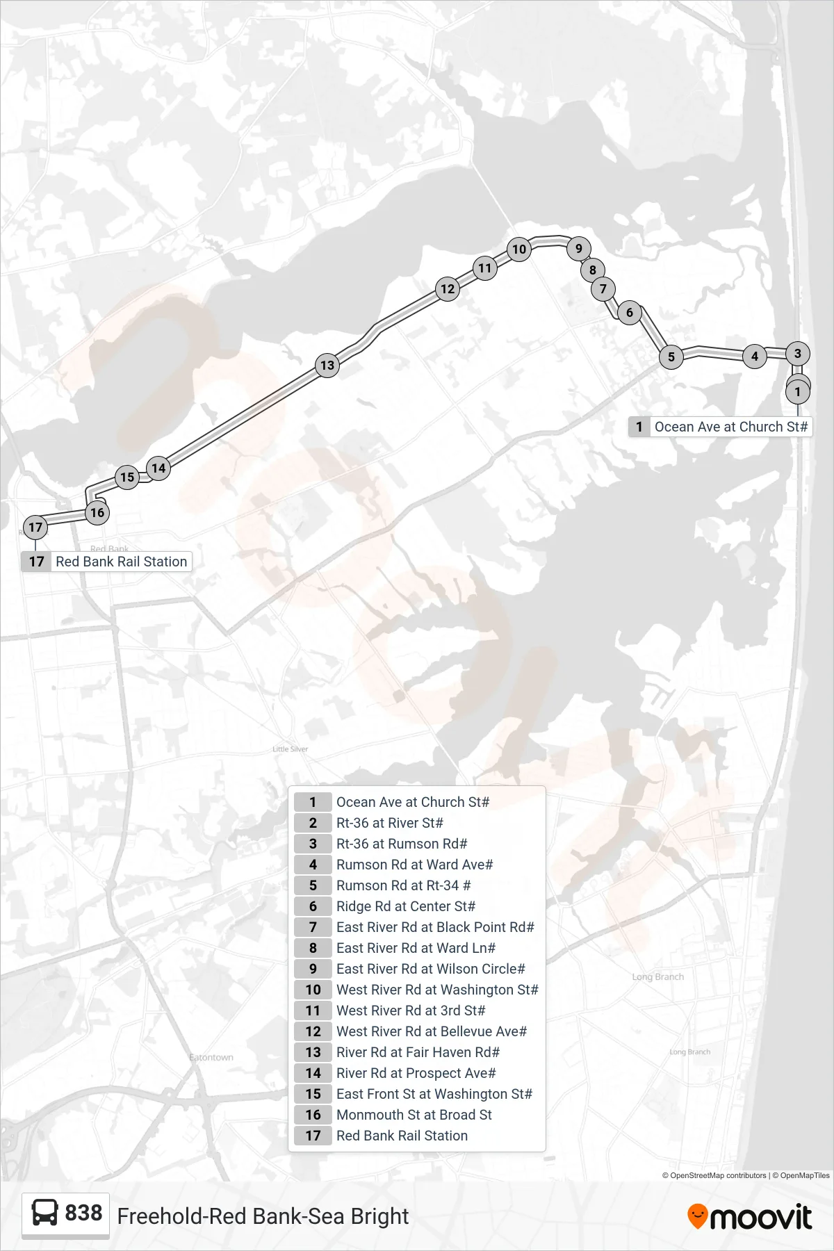 838 bus Line (Red Bank) route and stops on a map