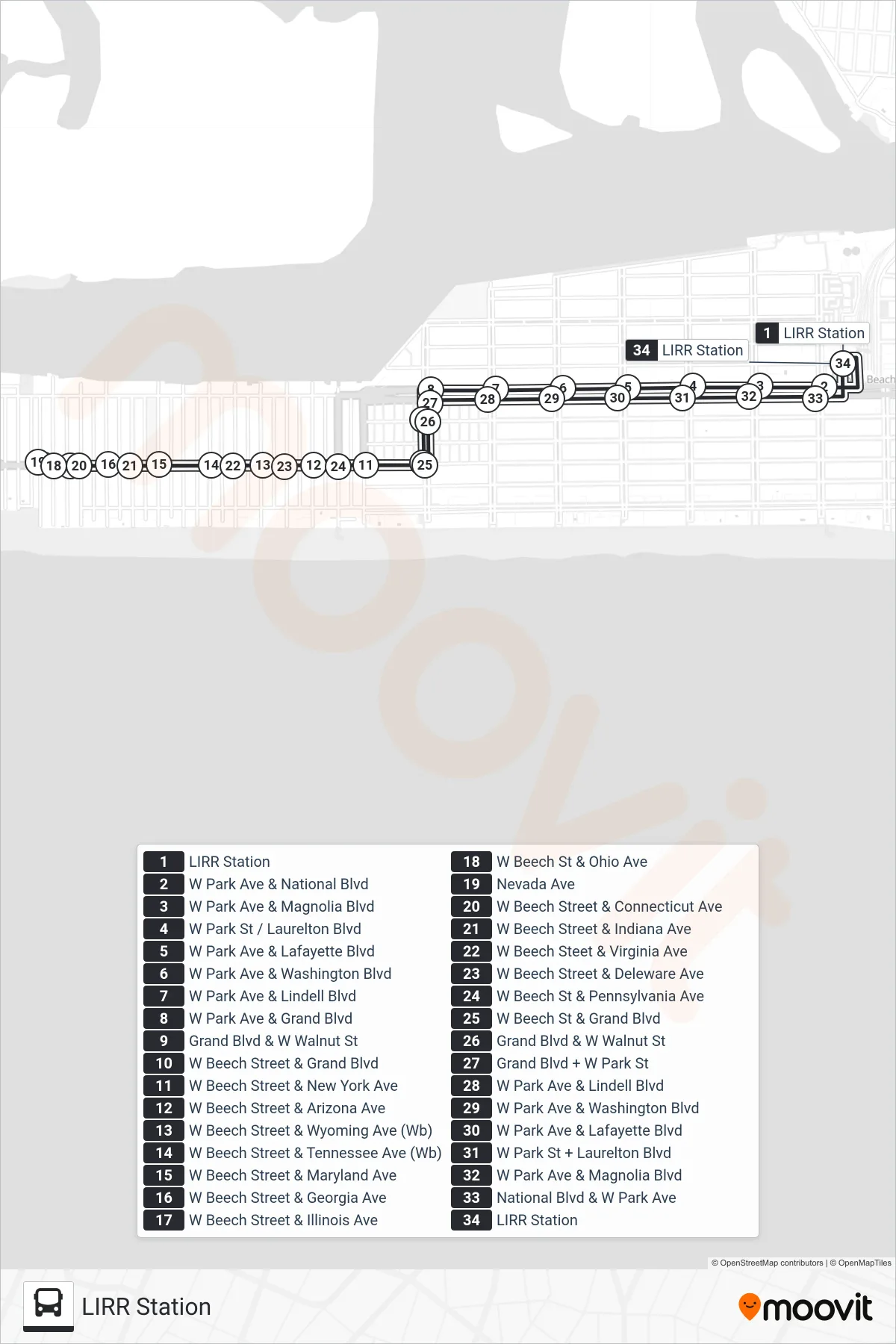 WEST LOOP bus Line (LIRR Station) route and stops on a map