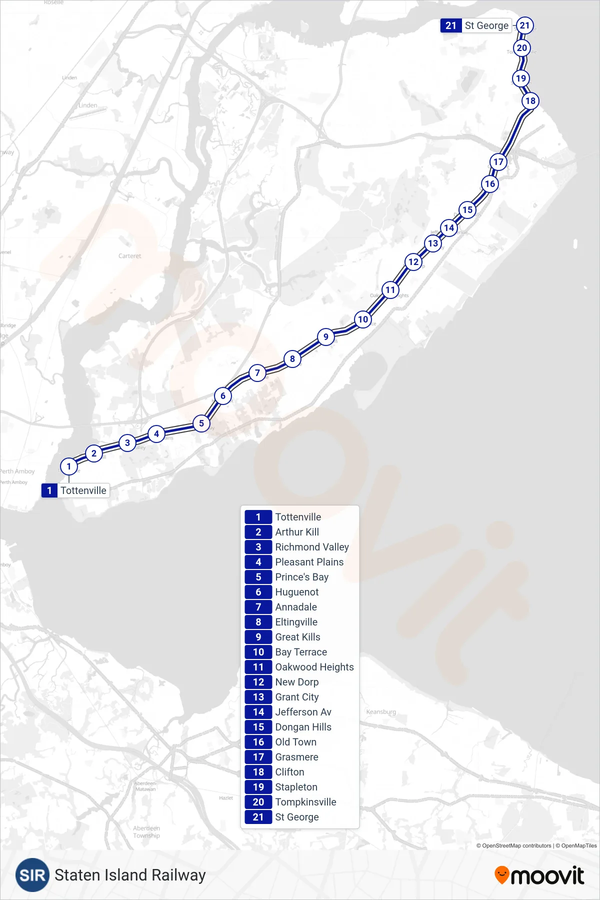 SIR subway Line (St. George Terminal) route and stops on a map