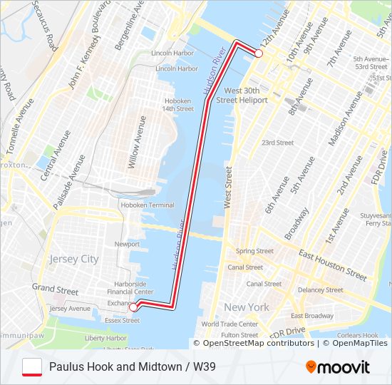 PAULUS HOOK AND MIDTOWN / W39 ferry Line Map