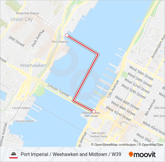 PORT IMPERIAL / WEEHAWKEN AND MIDTOWN / W39  Line Map