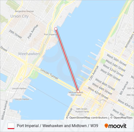 PORT IMPERIAL / WEEHAWKEN AND MIDTOWN / W39 ferry Line Map