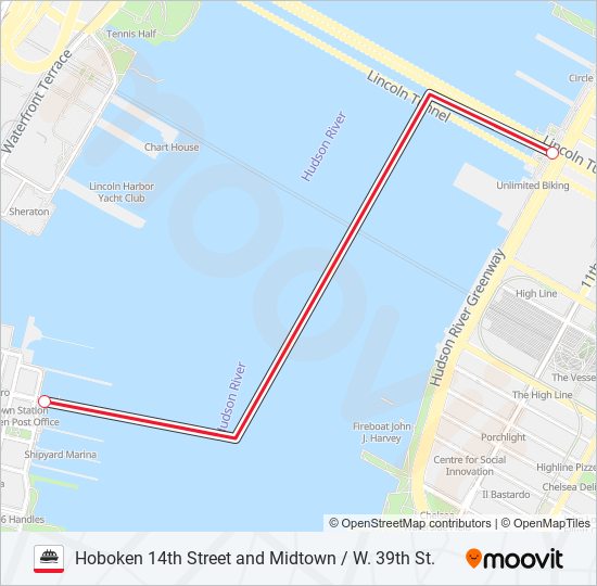 HOBOKEN 14TH STREET AND MIDTOWN / W. 39TH ST. ferry Line Map