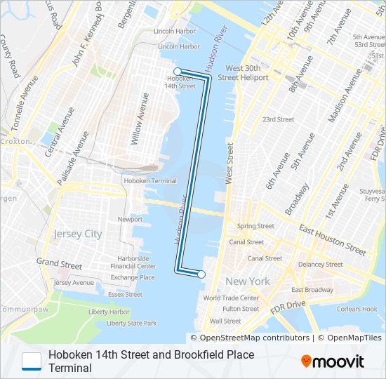 HOBOKEN 14TH STREET AND BROOKFIELD PLACE TERMINAL ferry Line Map