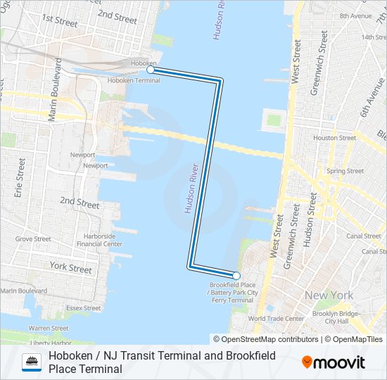 HOBOKEN / NJ TRANSIT TERMINAL AND BROOKFIELD PLACE TERMINAL ferry Line Map