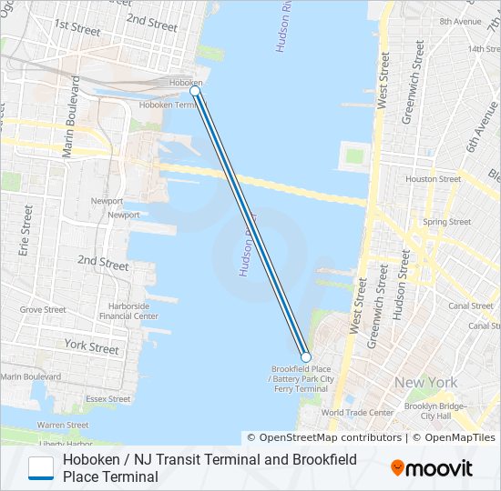 HOBOKEN / NJ TRANSIT TERMINAL AND BROOKFIELD PLACE TERMINAL ferry Line Map