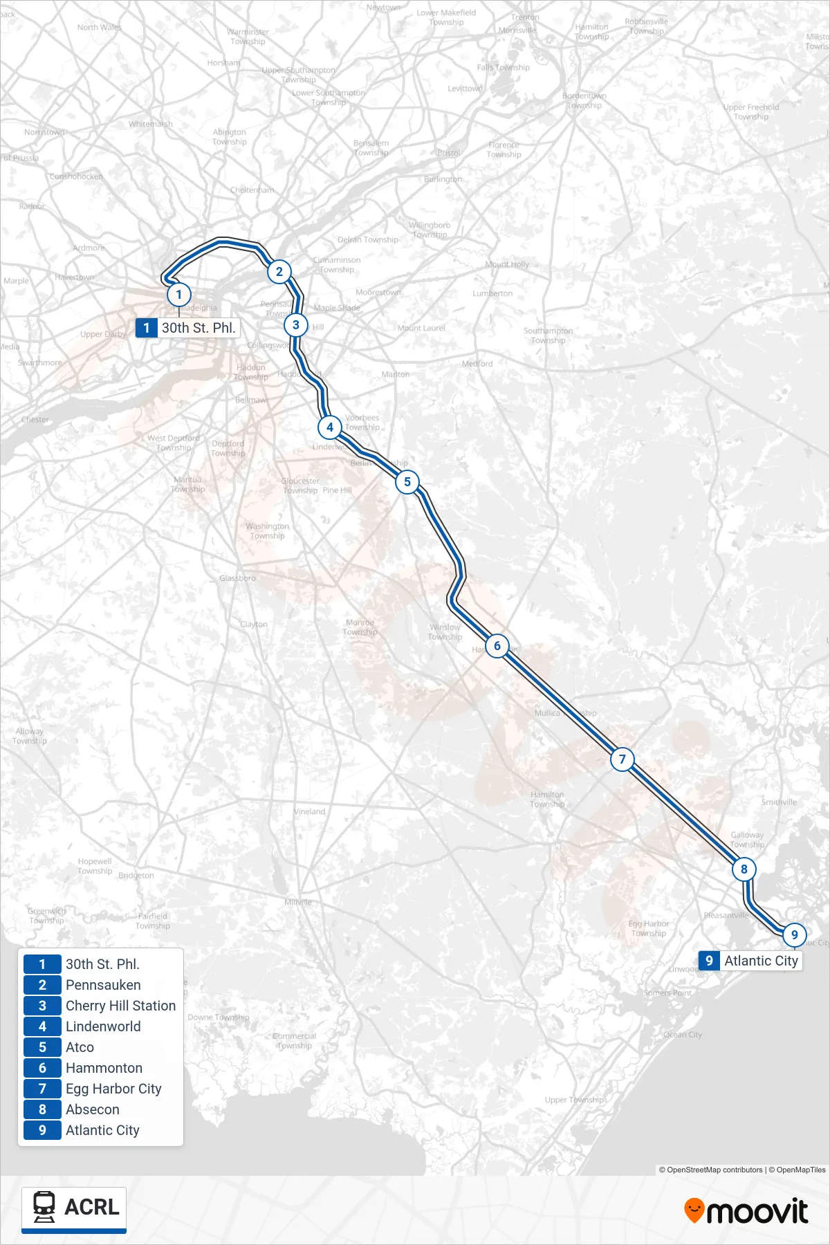 ACRL train Line (30th Street Station Philadelphia) route and stops on a map