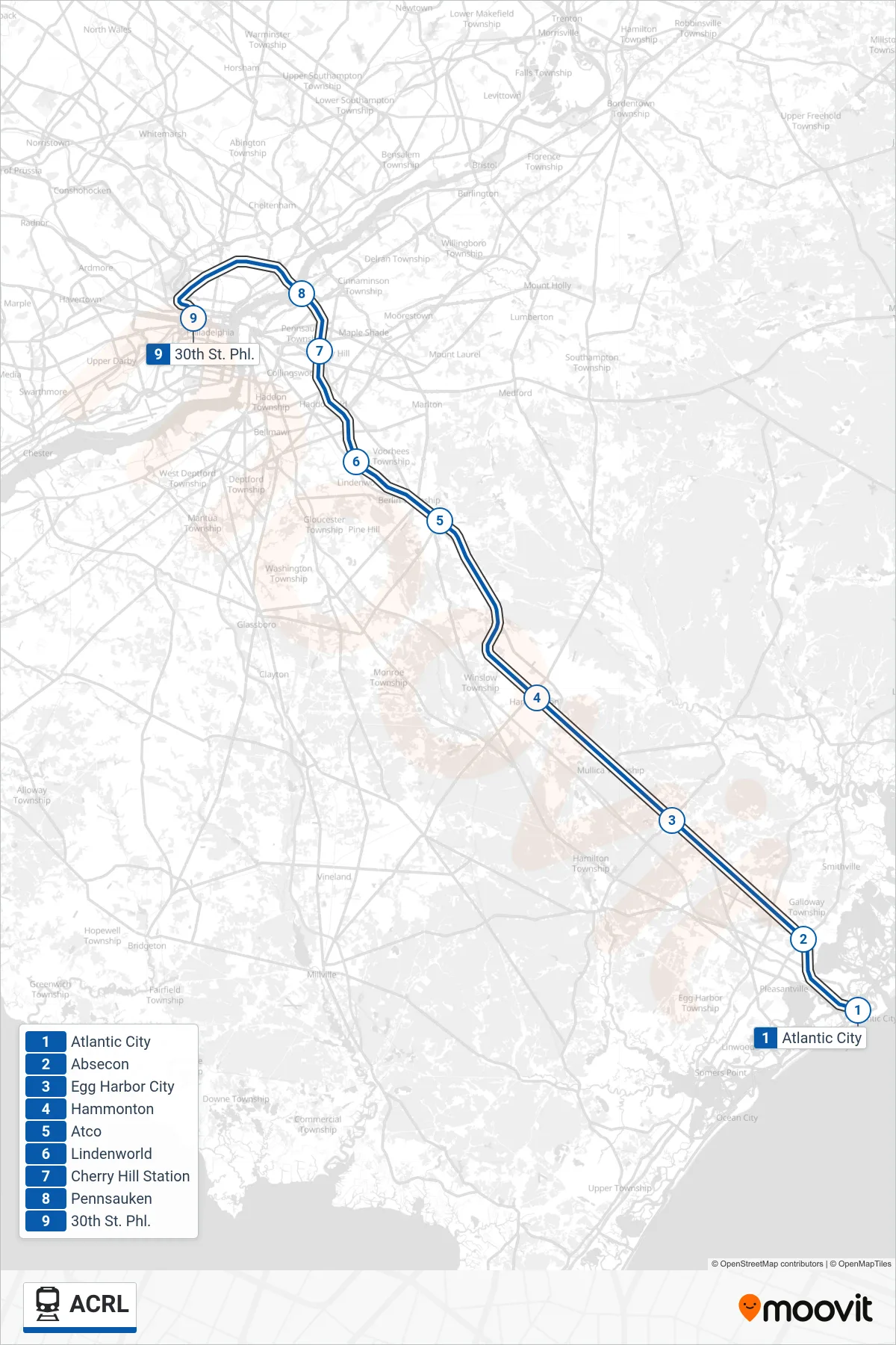ACRL train Line (Atlantic City) route and stops on a map