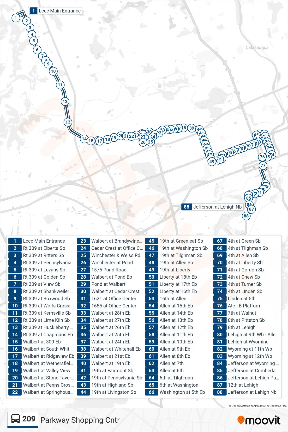 209 bus Line (Parkway Shopping Cntr) route and stops on a map