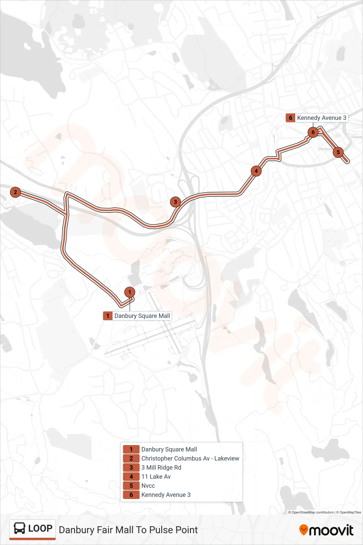 LOOP bus Line (Danbury Fair Mall To Pulse Point) route and stops on a map