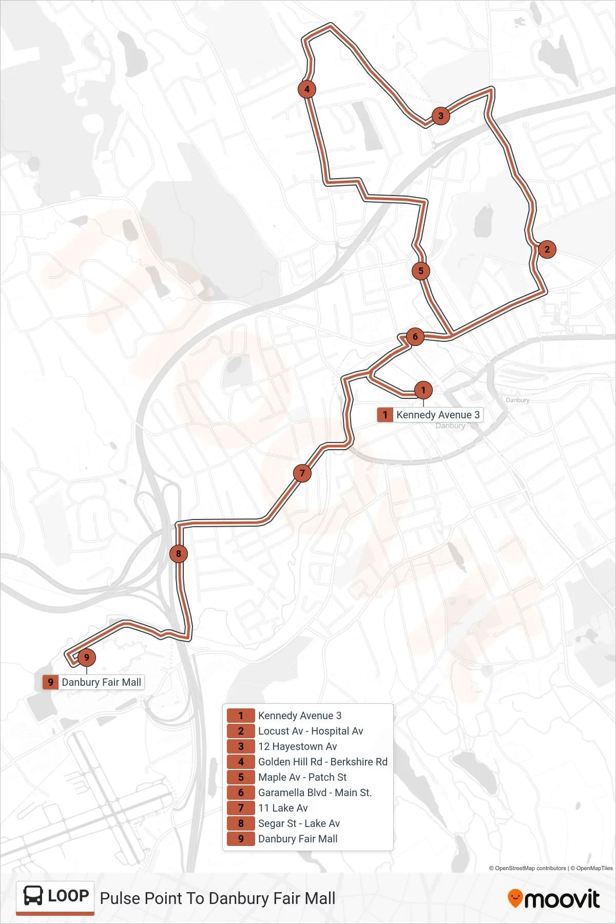 LOOP bus Line (Pulse Point To Danbury Fair Mall) route and stops on a map