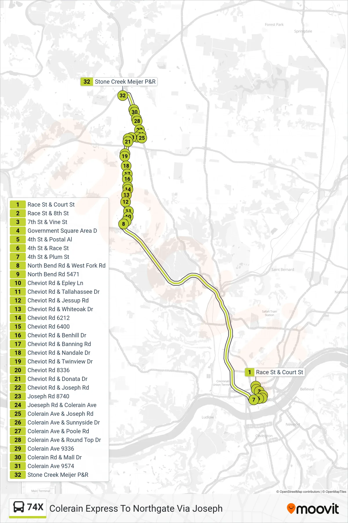 74X bus Line (Colerain Express To Northgate Via Joseph) route and stops on a map