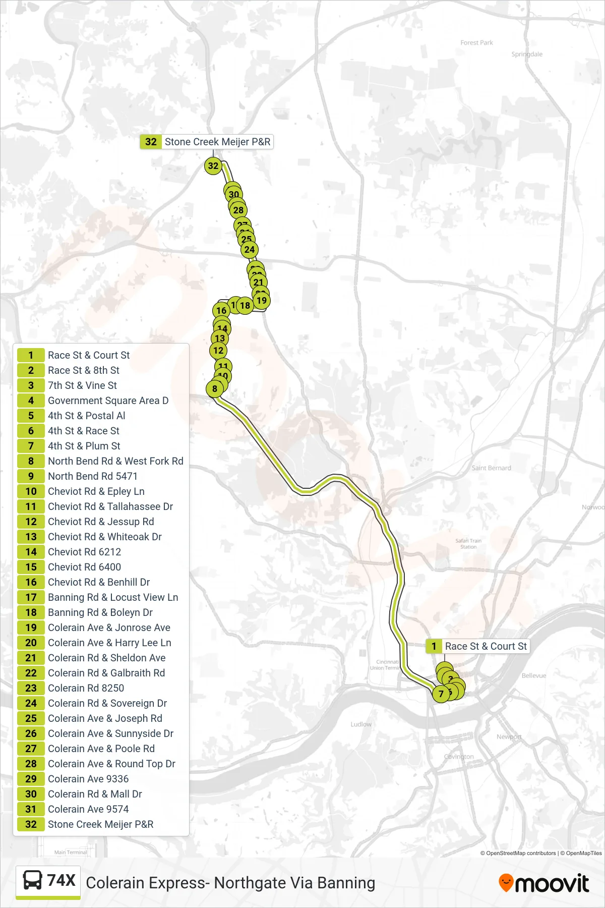 74X bus Line (Colerain Express- Northgate Via Banning) route and stops on a map
