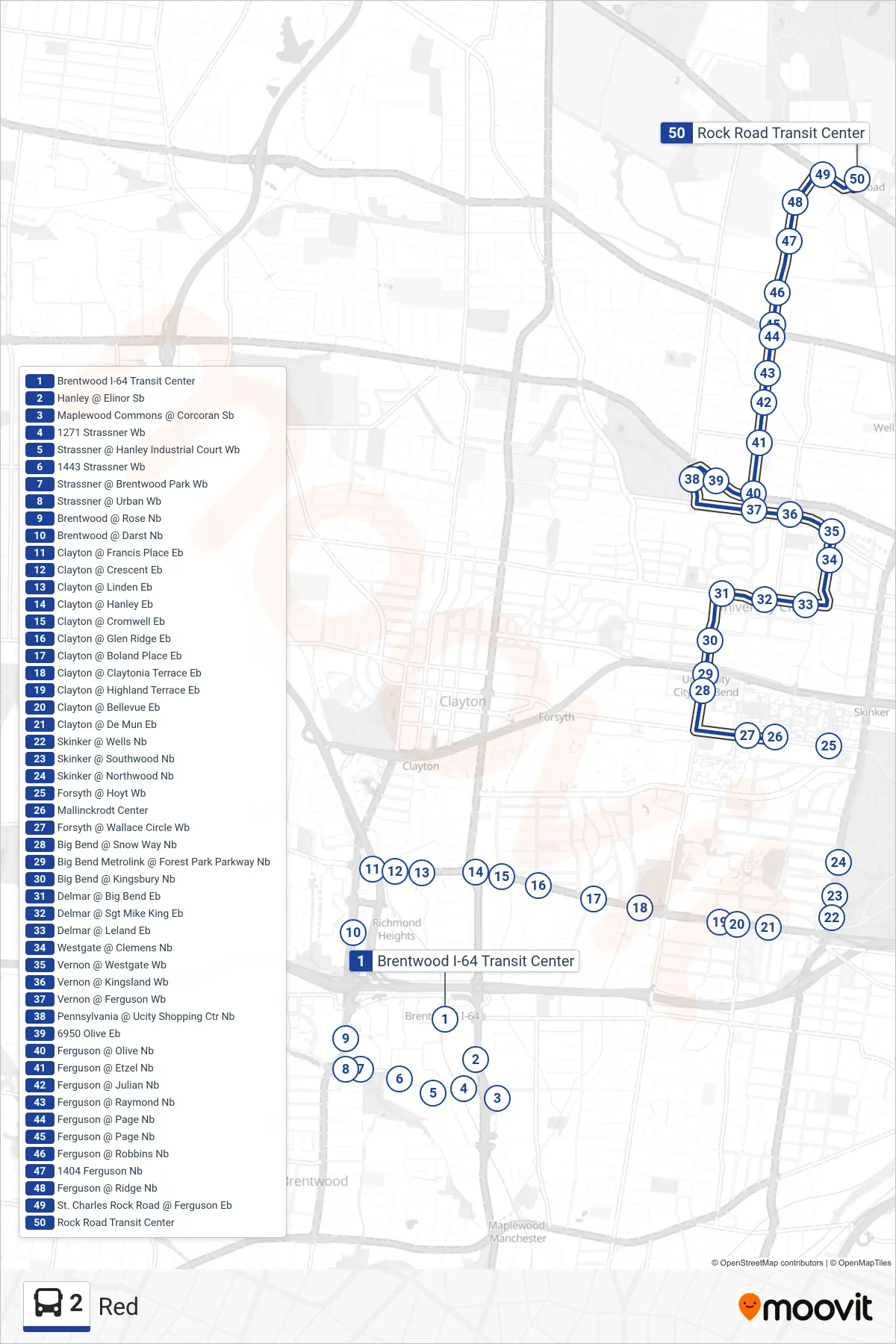 2 bus Line (To Rock Road Tc) route and stops on a map