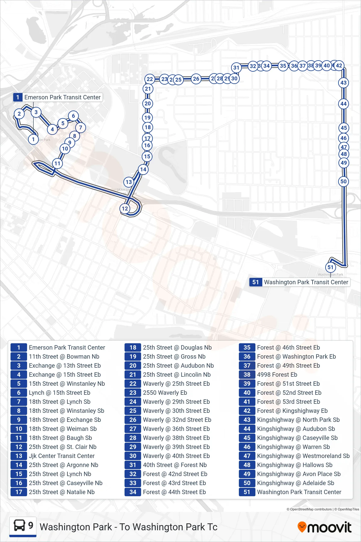 9 bus Line (Washington Park - To Washington Park Tc) route and stops on a map