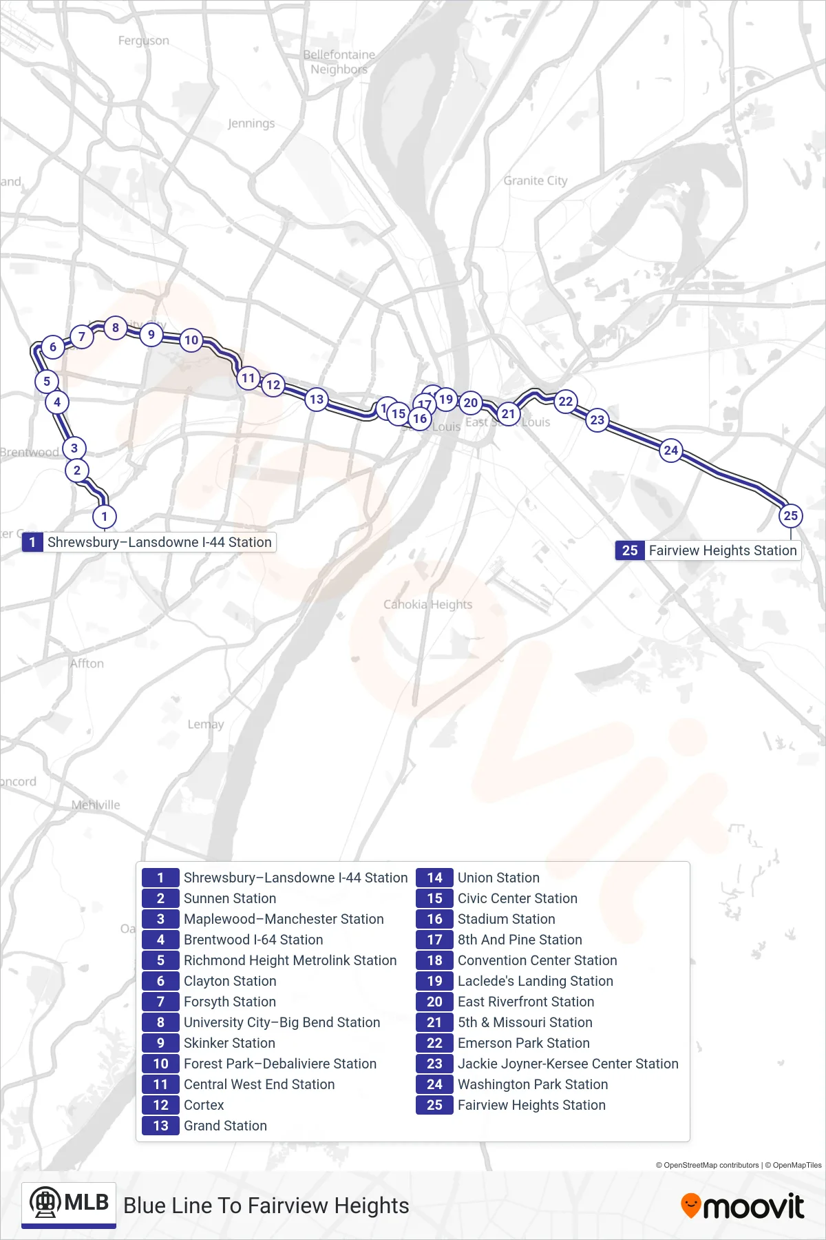 MLB subway Line (Blue Line To Fairview Heights) route and stops on a map