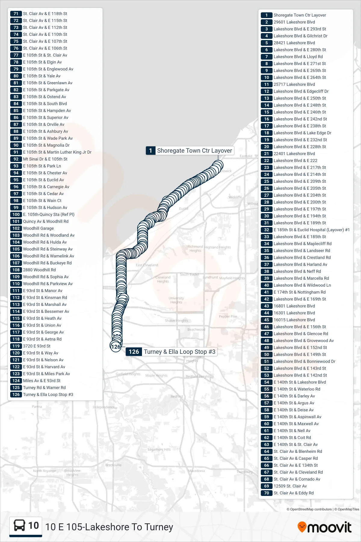10 bus Line (10 E 105-Lakeshore To Turney) route and stops on a map
