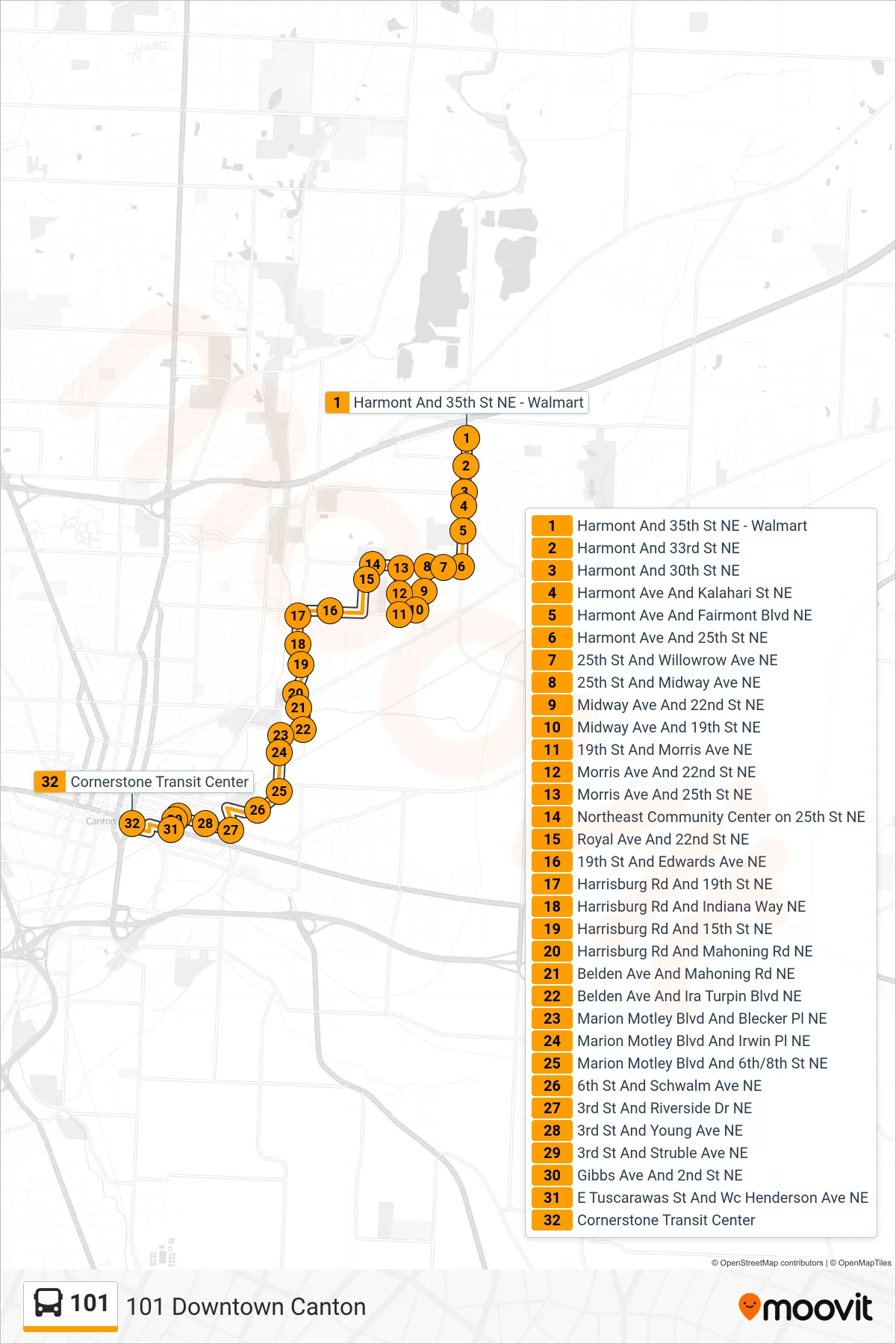101 bus Line (101 Downtown Canton) route and stops on a map