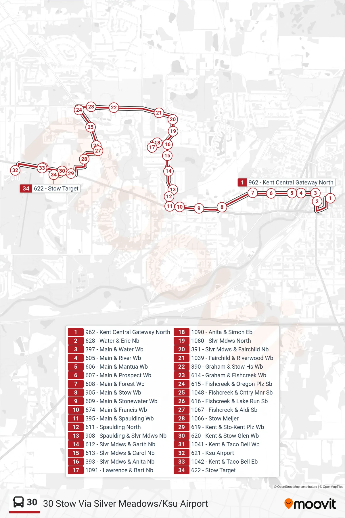 30 bus Line (30 Stow Via Silver Meadows/Ksu Airport) route and stops on a map
