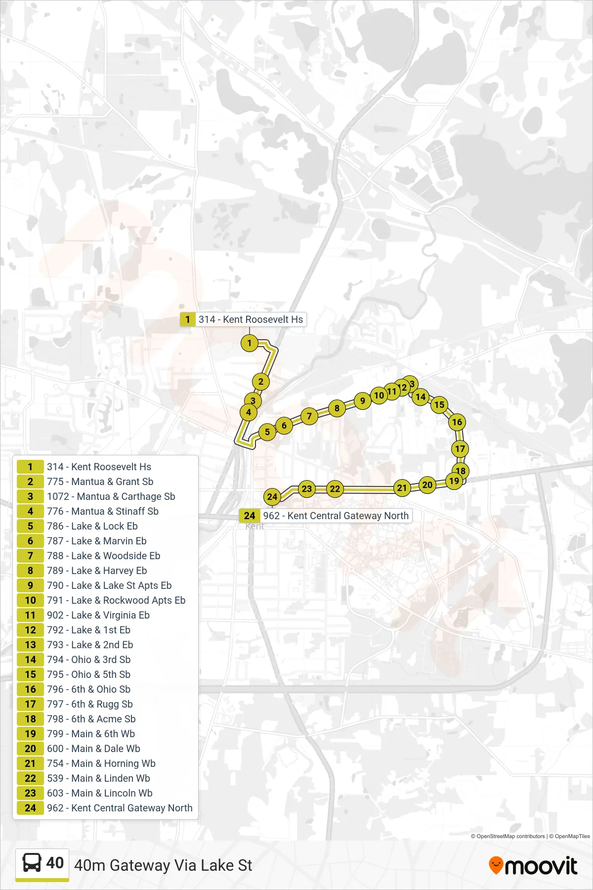 40 bus Line (40m Gateway Via Lake St) route and stops on a map