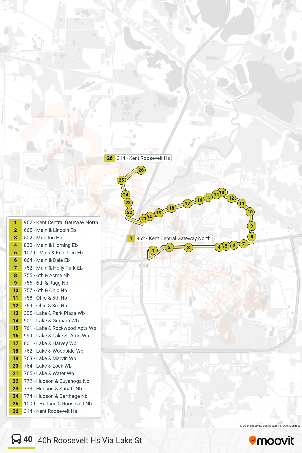 40 bus Line (40h Roosevelt Hs Via Lake St) route and stops on a map