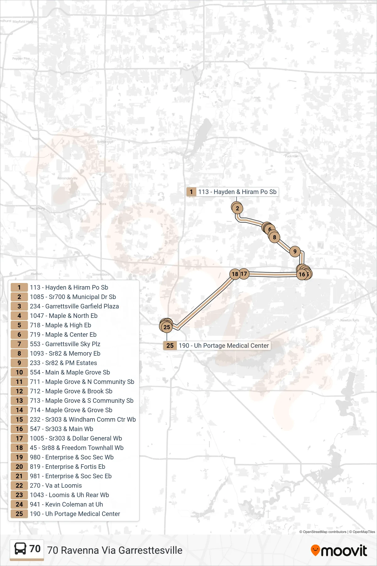 70 bus Line (70 Ravenna Via Garresttesville) route and stops on a map