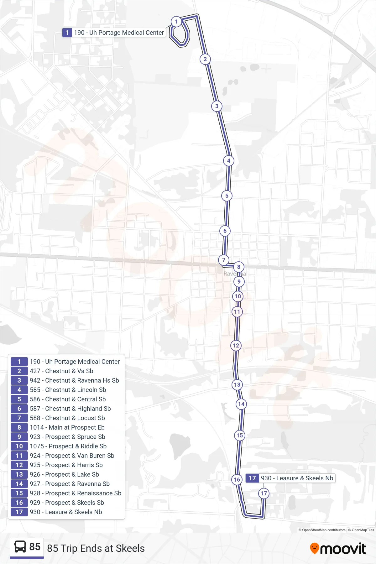 85 bus Line (85 Trip Ends at Skeels) route and stops on a map