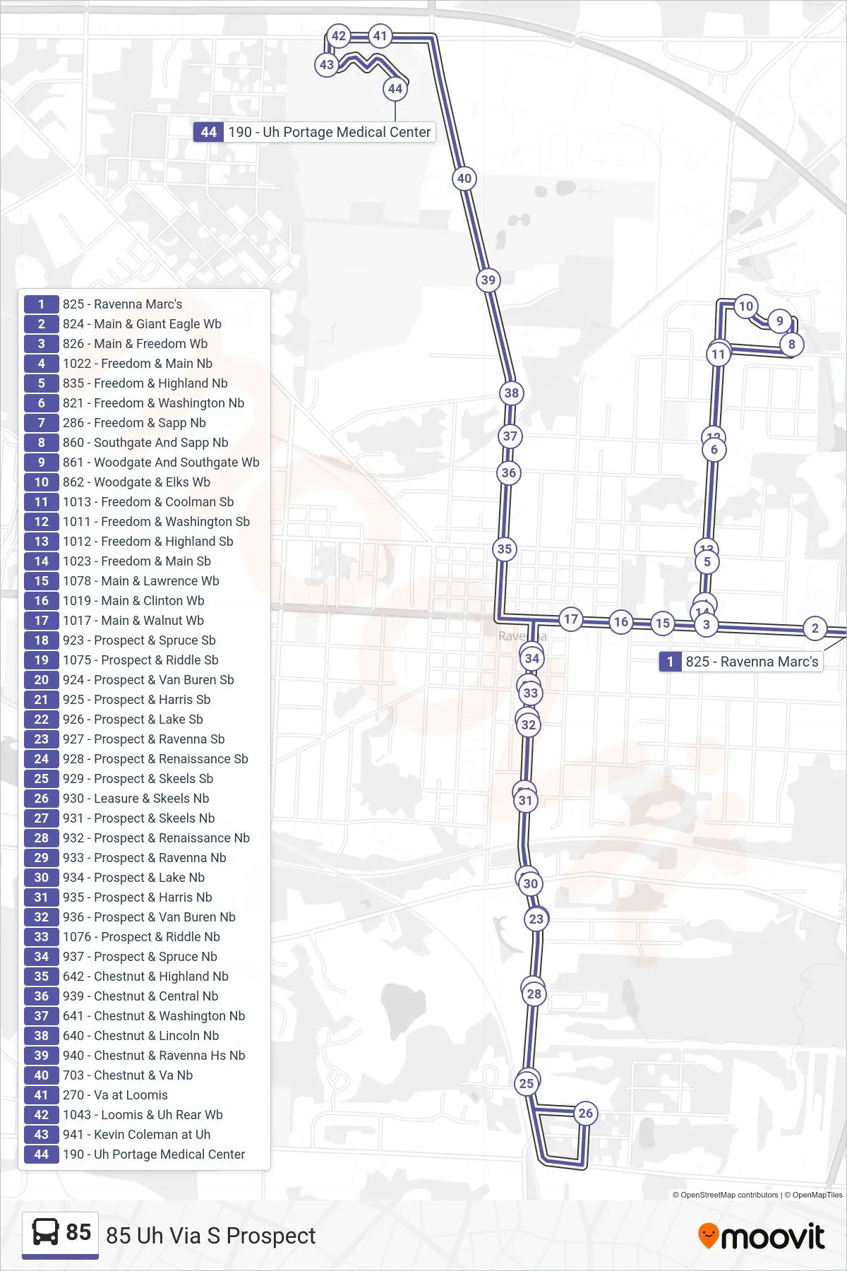 85 bus Line (85 Uh Via S Prospect) route and stops on a map